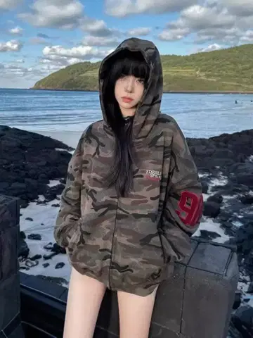 헤이세이 갸루 00s 카모 패턴 후드 부착 후드티 09 Y2K