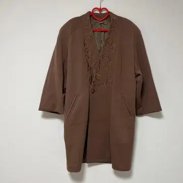 브라운 꽃무늬 자수 롱 코트 노카라 코트 울 레트로 빈티지