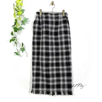Petirirey Helm 트위드 체크 무늬 타이트 스커트 (M) 프린지