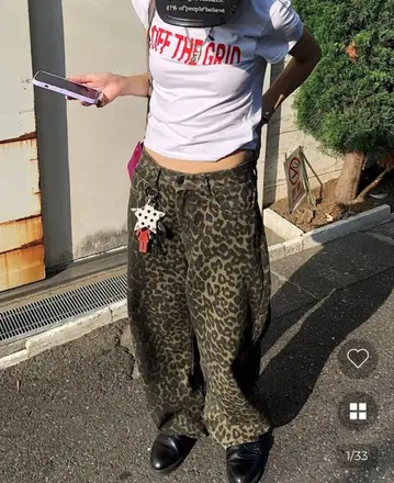 [ 미사용 ] nugu 유니크 레오파드 와이드 팬츠 레오파드 무늬 S