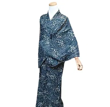 코몬 기모노 네이비 파도 무늬 160cm