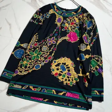 실크 혼방 레오나르 긴팔 셔츠 티셔츠 꽃무늬 보석 여성용 블랙