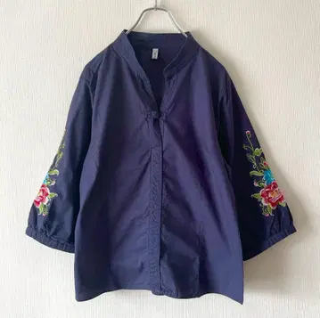 차이나 셔츠 네이비 매듭 버튼 자수 풀오버 셔츠