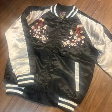 벚꽃 자수 블랙 실버 새틴 스카잔 남자 의리