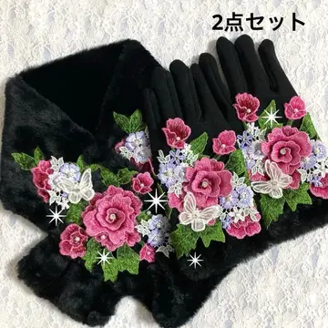 B-137 쁘띠 스카프 장갑 장미 나비 블랙 방한 핸드메이드