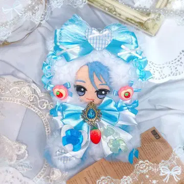 SD 인형 12cm 13cm 인형옷 앉은 하늘색 고양이 딸기