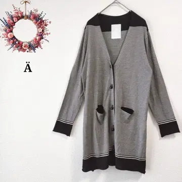 실크/울 혼방 에이스 니트 가디건 싸개 버튼 롱 스트라이프