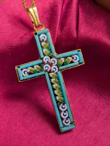 ITALY 마이크로모자이크 목걸이 크로스모티브 빈티지