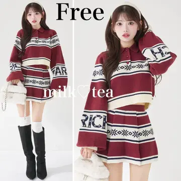 택 포함 새상품 다리치 스노우 패턴 라메 니트 셋업 보르도