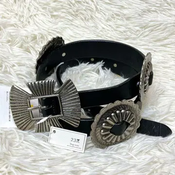 새상품 23구 콘초 벨트 소가죽 실버 버클 금장 장식 블랙 일본제