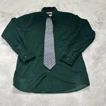빈티지 넥타이 셔츠 실크 100% 올 패턴 코듀로이 짙은 녹색