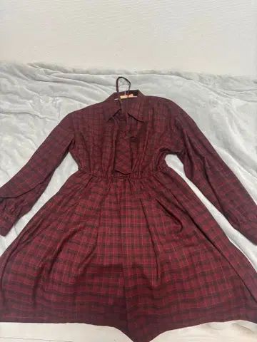 버건디 체크 긴팔 원피스 L