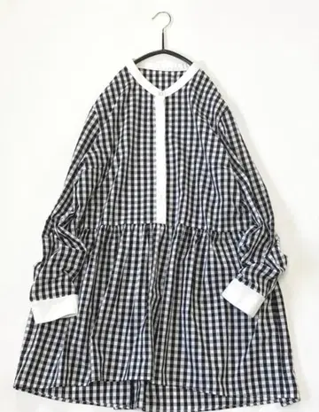 SHIPS 브로드 페플럼 블라우스 깅엄 체크 화이트 블랙 튜닉 yori