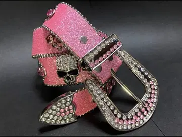 스컬 장식 핑크 글리터 벨트