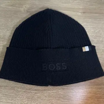 BOSS BLACK 울 & 코튼 비니 로고 스트라이프 니트 모자