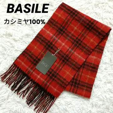 미사용 새상품 BASILE 머플러 캐시미어 100% 체크 오렌지 주홍색