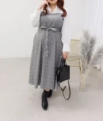 쿠레트 미사용 그레이 체크 무늬 도킹 롱 원피스 긴팔 4L