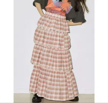 jouetie 썸머 체크 티어드 롱 스커트 핑크