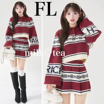 택 포함 새상품 다리치 스노우 패턴 라메 니트 셋업 FL 보르도