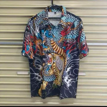 용호 일본풍 패턴 하와이안 셔츠 문신 화려한 블랙 XL 컬러풀 빅 프린트