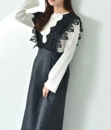 트윌 크로스 도트 프린트 모티브 레이스 부착 점프 스커트