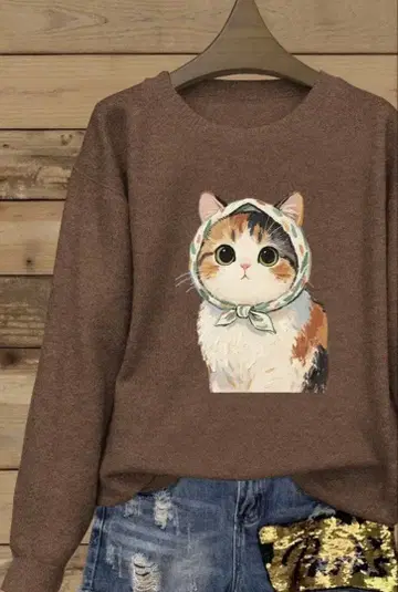 삼색 고양이 만마루쨩 고양이 패턴 브라운 니트 M 사이즈 부드러운 스웨터