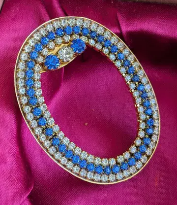 쿠라하시 요시코 사파이어 블루 클리어 비쥬 오벌 브로치 2way