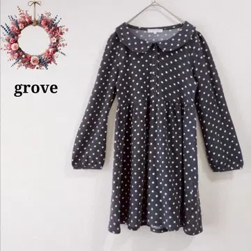 그로브 도트 무늬 튜닉 미니 원피스 둥근 카라 A 라인 플레어 레트로 M