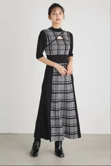 2WAY 하운드투스 체크 패턴 니트 원피스