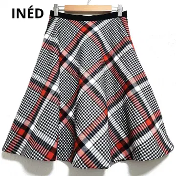 이네드 플레어 스커트 무릎 기장 울 체크 무늬 안감 부착 S