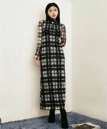 Darich 파이핑 체크 레이스 롱 원피스