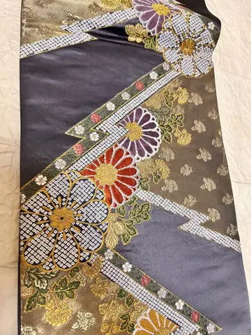 후리소데용 후쿠로 오비 미사용 컨디션 최상 그레이 바탕 금란