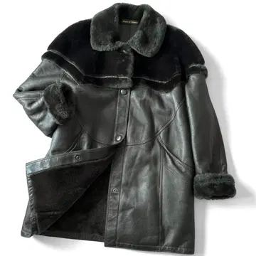 [ 프랑스제 ] 가죽 자켓 무스탕 절개 콤비 롤업 그린 계열