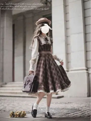 [ 새상품 ] 영국풍 체크 무늬 원피스 가을/겨울 걸리시 카키 브라운 M