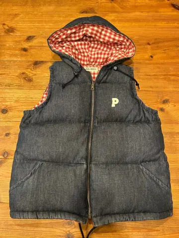 핑크하우스 네이비 데님 빨간색 깅엄 체크 리버서블 다운 베스트