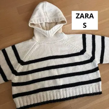 ZARA 숏 기장 니트 후드티 아이보리 x 블랙 S 두꺼운 원단