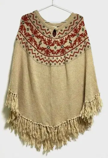 하자품 노르딕 무늬 판초 니트 케이프풍 베이지 레트로 북유럽