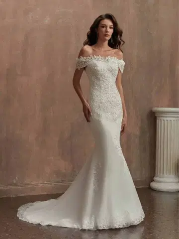 오프숄더 레이스 머메이드 웨딩 드레스