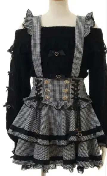 LIZLISA 사다리 리본 체크 티어드 치마바지 블랙 체크