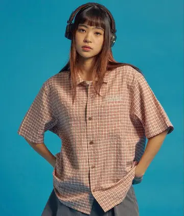 SEQUENZ 체크 무늬 오버 사이즈 반팔 셔츠 핑크 M 사이즈