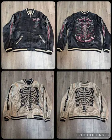 JUNK STAR 본 스컬 자수 레이온 새틴 리버서블 스카잔