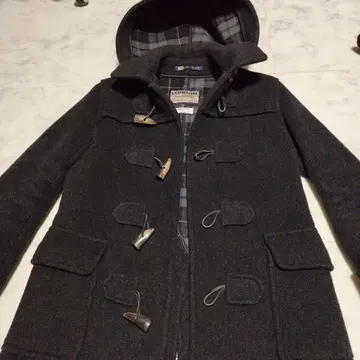 LONDON Tradition 블랙 울 혼방 후드 부착 더플 코트