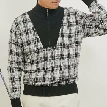 JUN&ROPE 택 포함 [손세탁 가능] 하프 지퍼 체크 무늬 긴팔 니트