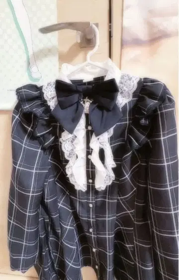 시크릿 허니 액세서리 리본 레이스 프릴 셋업 체크