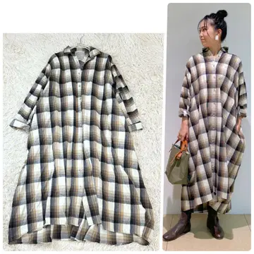 비어즐리 체크 셔츠 원피스 오버 사이즈 화이트