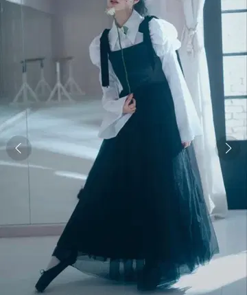 Romansual/숄더 리본 튤 롱 원피스