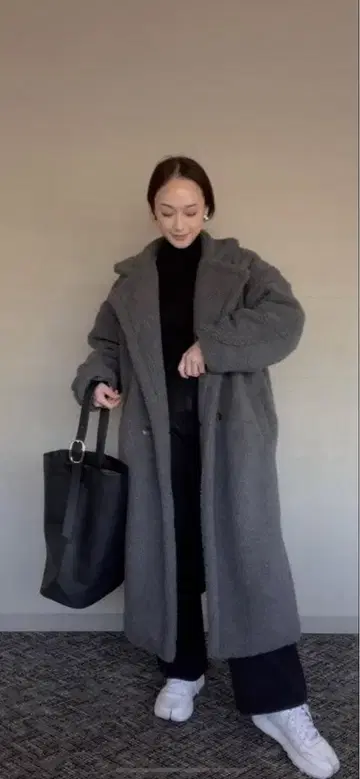 인기 SH-KI 롱 코트 보아 코트 다크 그레이 더블 다나카 마야 콜라보