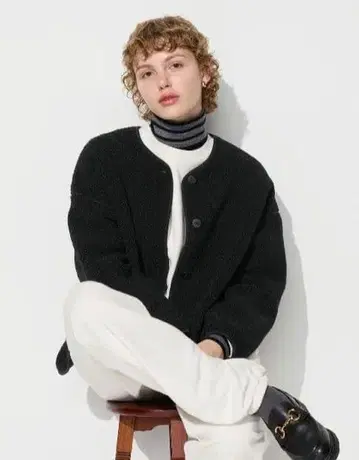 UNIQLO 노카라 보아 플리스 릴랙스 가디건 블랙 S 사이즈