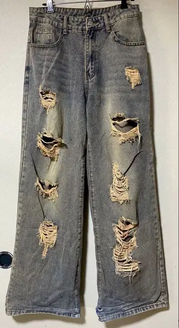 데미지 가공 그레이 와이드 데님 팬츠