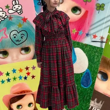 jouetie 리본 타이 프릴 원피스 빨간색 체크